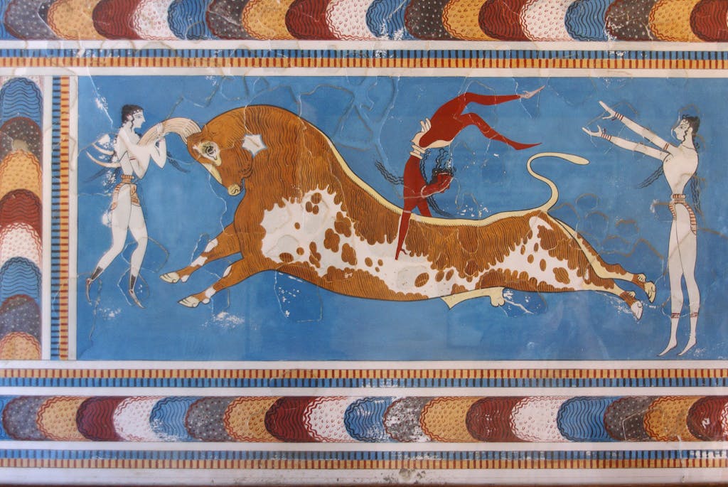 Ancient Minoan Bull-Leaping Fresco in Knossos Palace, Crete, Greece